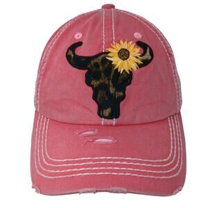 Leopard Steer Skull Baseball Cap Pink One Size Adjustable Distressed KB ETHOS